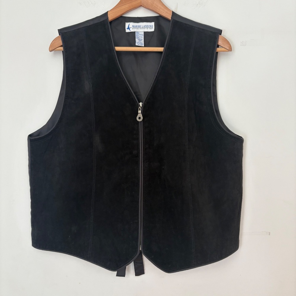 Marsh Landing Vintage Leather Vest‎ Full Zip Black Women Lrg Boho Western Biker